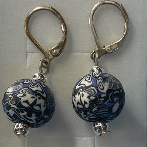Vintage blue white glass ball drop earrings pierced ears silver lever closure